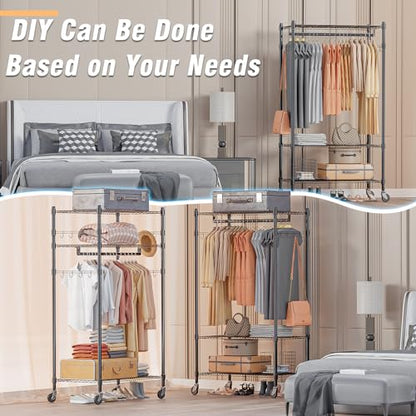 Homdox Heavy Duty Clothing Rack with 3 Tier Adjustable Wire Shelves, Garment Racks for Hanging Clothes, Double Rods Clothing Rack, Freestanding Closet Wardrobe with Side Hooks, Black - color: Black, size: 16.54"D x 23.62"W x 80.71"H