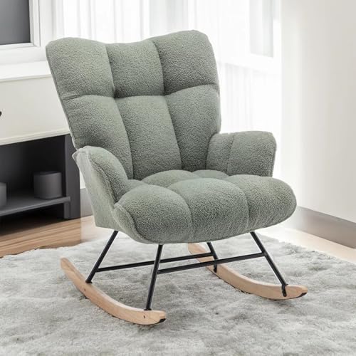 Rocking Chair Nursery Teddy Upholstered Glider Rocker Rocking Accent Chair Padded Seat with High Backrest Armchair Comfy Side Chair for Living Room Bedroom Offices (Green Teddy) - color: Forest Green