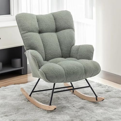 Rocking Chair Nursery Teddy Upholstered Glider Rocker Rocking Accent Chair Padded Seat with High Backrest Armchair Comfy Side Chair for Living Room Bedroom Offices (Green Teddy) - color: Forest Green