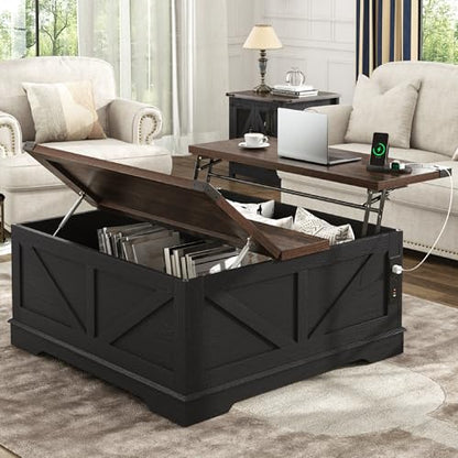 Hlivelood 40” Large Farmhouse Lift Top Coffee Table with Power Outlets and Large Hidden Storage, Square Wood Living Room Tables, Multi-Function Lift Wooden Barn Door Center Table, Black - color: Black