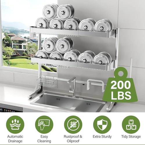 Over The Sink Dish Drainer Drying Rack 3 Tier, Full Stainless Steel Dish Drying Rack Adjustable Length 20.9''-37.4'', Kitchen Sink Shelf, Organized Space-Saving Dish Rack - color: Silver, size: 3 Tier with Flat Grid