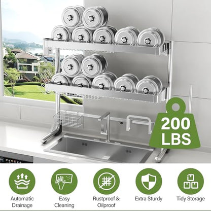 Over The Sink Dish Drainer Drying Rack 3 Tier, Full Stainless Steel Dish Drying Rack Adjustable Length 20.9''-37.4'', Kitchen Sink Shelf, Organized Space-Saving Dish Rack - color: Silver, size: 3 Tier with Flat Grid