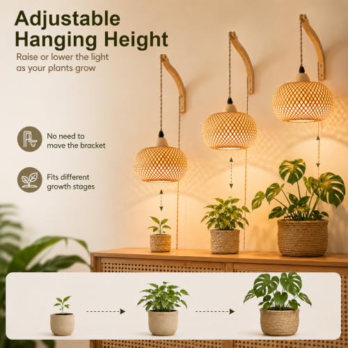 Wall Mounted Grow Lights for Indoor Plants with Timer, Hanging Light | 3500K Full Spectrum Pendant Grow Light, Rattan Shade Decorative Plant Light, 19.7FT Cord for Living Room Corners Plants