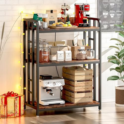 Baker's Rack with Power Outlet, 3-Tier Adjustable Microwave Cart, Brown | Microwave Stand with Storage, Spice Rack，Locking Wheels, Coffee Station for Kitchen，Living Room，Coffee Bar，Office - color: Rustic