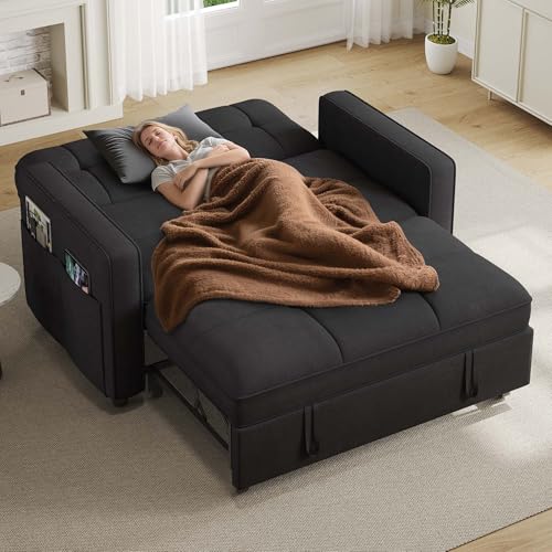 YITAHOME 3-in-1 Convertible Sofa Bed | Modern Loveseat Sleeper with Pull-Out Chaise, USB Charging Ports, Side Pockets, Compact Sofa for Living Room, Bedroom - color: Black, size: 70 x 46.4in