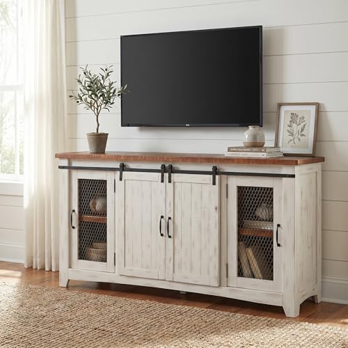 Martin Svensson Home Rustic 65" Wood Entertainment Center, White and Honey | Solid Pine, TV Stand, Sliding Doors, Adjustable Shelves & Cable Management, for TVs up to 70" - color: Antique White and Aged Distressed Pine