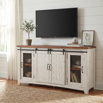 Martin Svensson Home Rustic 65" Wood Entertainment Center, White and Honey | Solid Pine, TV Stand, Sliding Doors, Adjustable Shelves & Cable Management, for TVs up to 70" - color: Antique White and Aged Distressed Pine
