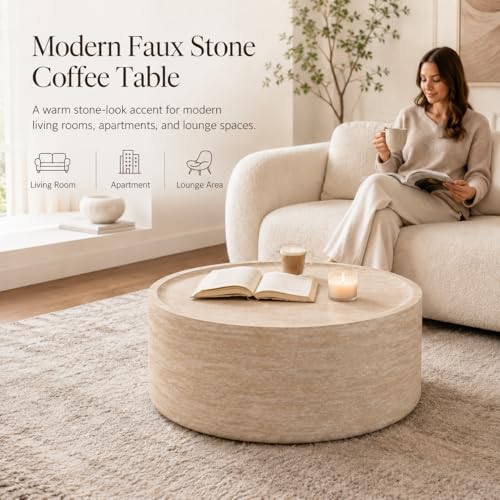31.5" Round Faux Marble Coffee Table for Living Room, Modern Drum Coffee Table, Faux Stone Mars Pattern Center Table, Minimalist Round Coffee Table No Assembly(Mars Pattern) - color: 31.5'' Mars Pattern