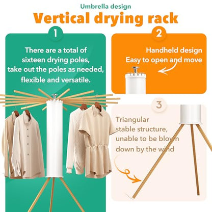 Heavy-Duty Wooden Tripod Clothes Drying Rack, 16 Rods, Large Capacity, 360° Airflow Umbrella Dryer, Foldable Space-Saving Floor Stand for Indoor Outdoor Use