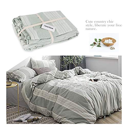 BISELINA Striped Duvet Cover Set 3pcs 100% Washed Cotton Linen Like Textured with Bowknot Bow Ties Strap Reversible Breathable Soft Comfy Chic Yarn Dyed Bedding (Full, Grayish Green) - color: Grayish Green, size: Full
