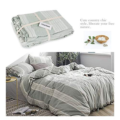 BISELINA Striped Duvet Cover Set 2pcs 100% Washed Cotton Linen Like Textured with Bowknot Bow Ties Strap Reversible Breathable Soft Comfy Chic Yarn Dyed Bedding (Twin, Grayish Green) - color: Grayish Green, size: Twin