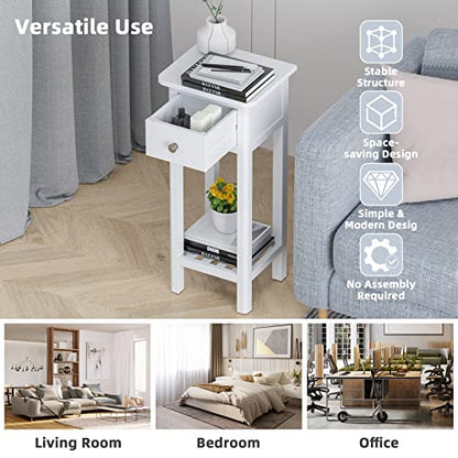 Narrow End Table, Tall Nightstand with Drawer & Shelf, Small Bedside Table w/Anti-Tipping Device, No Assembly, White - color: White