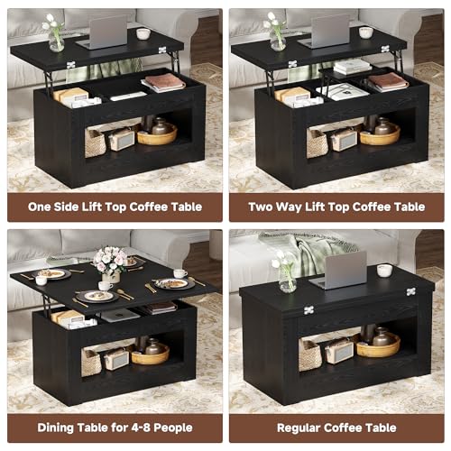 UNIQUITE 40" Lift Top Coffee Table, 4 in 1 Multi-Function Lift Coffee Tables with Storage and Hidden Compartment, Convertible Coffee Table to Dining Table for Living Room, Black - color: Black