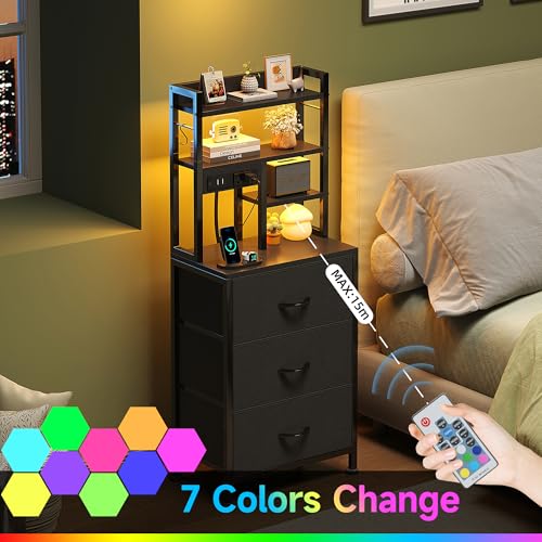 COTUBLR Night Stand, Tall Nightstand with Charging Station and LED Lights, Side Table with 4-Tier Shelves and 3 Fabric Drawers, 45.3" Tall Bedside End Tables for Bedroom, Hallway, Office, Black - color: Black