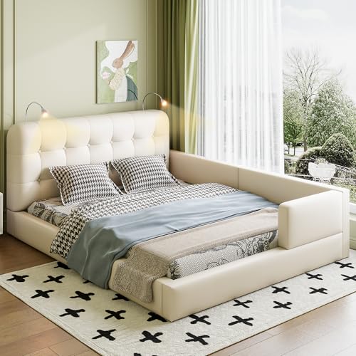 Merax Modern Tufted Plattform Bed with Headboard, Queen PU Leather Floor Day Bed Frame, No Box Spring Needed White - color: White / Pu, size: Queen