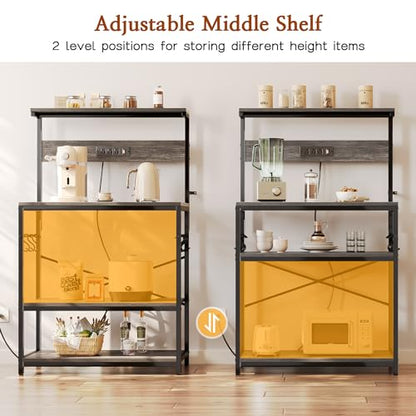 SUPERJARE Bakers Rack with Power Outlets, Microwave Stand, 31.5 X 16.5 Inch Larger Desktop, Kitchen Storage Rack with Adjustable Middle Shelf, 6 S-Shaped Hooks, Coffee Bar Stand, Grey - color: Charcoal Gray, size: 31.5 inch