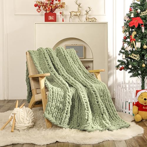 WESHIONGOO Chunky Knit Blanket for Couch 51"×63" Sage Green | 100% Handmade Knitted Throw blankets for Bed Fluffy Soft Blanket With Jumbo Chenille Yarn Thick - color: Sage Green, size: 51"x63"(Large Size Throw)