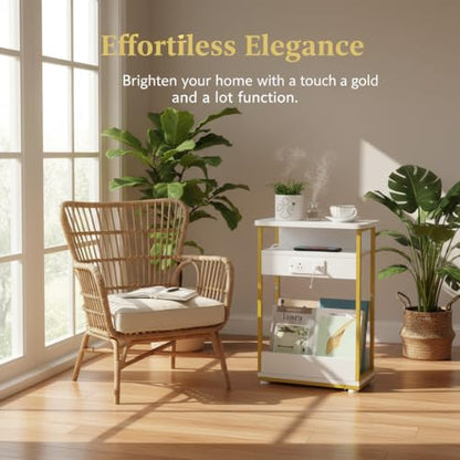 YEAKOO Narrow Side Table with Charging Station, 3-Tier End Table with 2 USB Ports & Power Outlets, Thin Sofa Side Table for Small Spaces, Bedside Table Nightstand for Living Room, White+Gold - color: White+gold