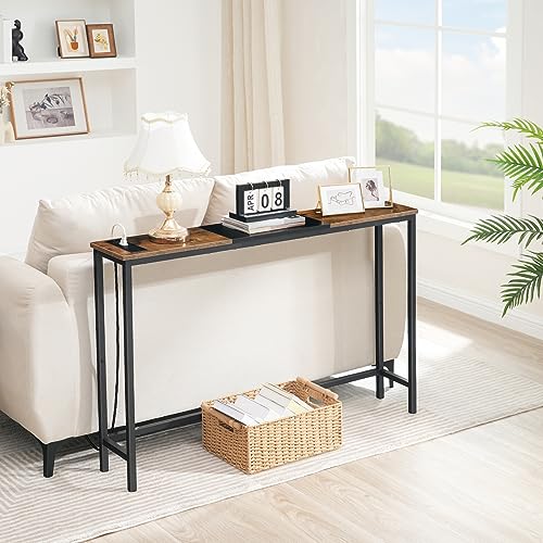 HOOBRO Narrow Console Table with Power Outlets, 44.9 Inches Sofa Table, Slim Behind Couch Table, Entryway Table with Display Shelf, for Living Room, Foyer, Hallway, Rustic Brown and Black BF114UXG01 - color: Rustic Brown + Black