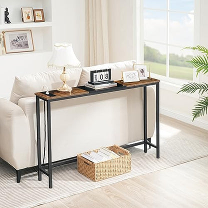 HOOBRO Narrow Console Table with Power Outlets, 44.9 Inches Sofa Table, Slim Behind Couch Table, Entryway Table with Display Shelf, for Living Room, Foyer, Hallway, Rustic Brown and Black BF114UXG01 - color: Rustic Brown + Black