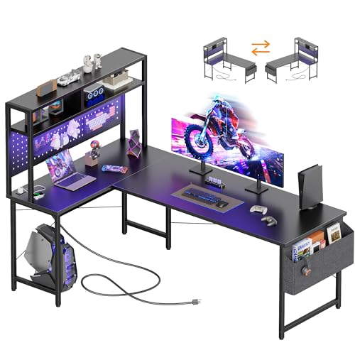 59 inch L Shaped Desk with Pegboard, Large Corner Gaming Desk | Reversible Computer Desk with Hutch, Power Outlets, LED Light & Storage Bag, Office Table for Home Bedroom Study Work Writing - color: Black, size: 59 inch