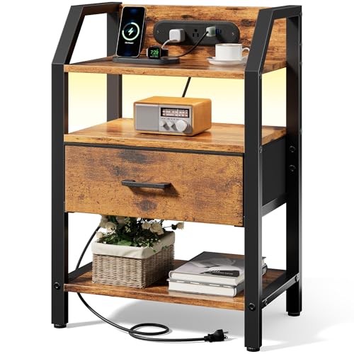 HLDIRECT Compact Nightstand with Charging Station, Warm LED Bedside Table | Fabric Drawer & Shelf, FSC Wood, 66 lbs, 18.1"W x 11.5"D x 26"H, Adjustable Feet, Compact for Small Bedroom, Dorm, Brown - color: Rustic Brown, size: 1 Drawer