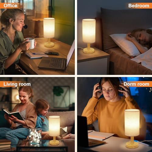 Small Touch Table Lamps Set of 2 with Stepless Dimming&USB Plug, Natural Round Wood Base & Linen Fabric Shade |Soft Ambient Night Light |Minimalist Boho Bedside Lamp for Bedroom,Nursery,Kitchen,Dorm - size: Round - USB Plug Touch - Set of 2