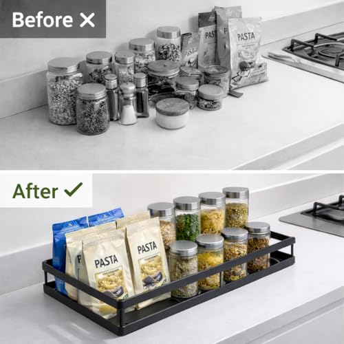 Pull Out Cabinet Organizer, 1-Tier Metal Slide Out Basket | Black metal mesh basket, smooth slide-out rail, no-drill adhesive setup, for frameless kitchen cabinets and pantry storage