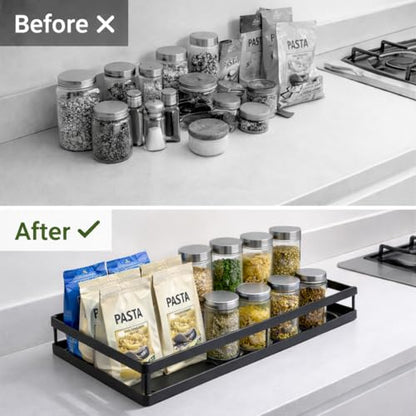 Pull Out Cabinet Organizer, 1-Tier Metal Slide Out Basket | Black metal mesh basket, smooth slide-out rail, no-drill adhesive setup, for frameless kitchen cabinets and pantry storage