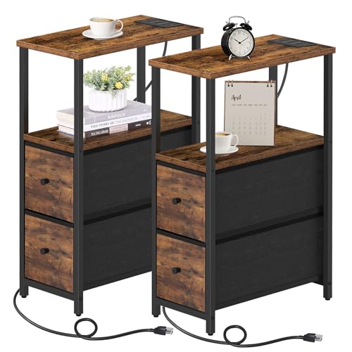 TUTOTAK Narrow End Table with Charging Station, Skinny Side Table | Bedside Table with Outlets, Nightstand with 2 Cloth Drawers, Couch Table for Living Room, Bedroom, Brown TB01BB055 - color: Brown, style: 2 Drawers & Plug