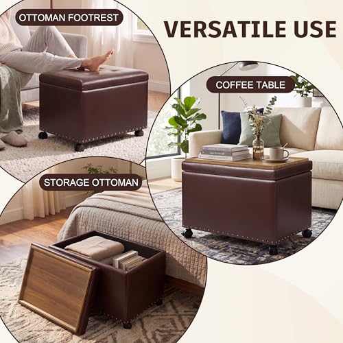 Homebeez 22 inch Storage Ottoman with Tray Top, Multi-Functional Faux Leather Coffee Table with Storage, Tufted Foot Rest with Nailhead Trim for Living Room, Reddish Brown - color: Reddish Brown With Wheels