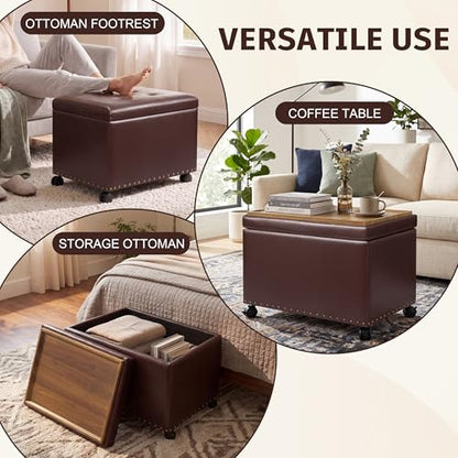Homebeez 22 inch Storage Ottoman with Tray Top, Multi-Functional Faux Leather Coffee Table with Storage, Tufted Foot Rest with Nailhead Trim for Living Room, Reddish Brown - color: Reddish Brown With Wheels