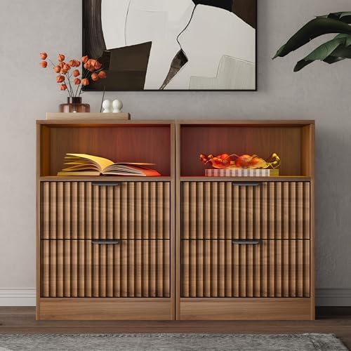 LED Nightstand with Charging Station, Fluted Nightstand Set of 2, Wood Nightstands with 2 Drawers & Metal Handles, Modern Bedside Table & End Tables, Farmhouse Night Stands for Bedroom, Walnut - color: Walnut, style: LED 2 Drawers-2 PCS