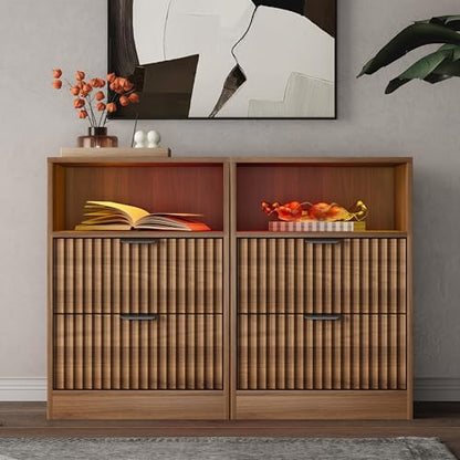 LED Nightstand with Charging Station, Fluted Nightstand Set of 2, Wood Nightstands with 2 Drawers & Metal Handles, Modern Bedside Table & End Tables, Farmhouse Night Stands for Bedroom, Walnut - color: Walnut, style: LED 2 Drawers-2 PCS