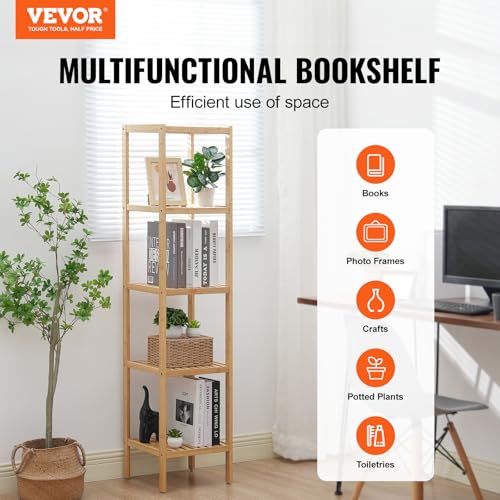 VEVOR 5-Tier Bathroom Standing Shelf, Narrow Shelving Unit, Display Storage Rack Organizer, Freestanding Flower Plant Stand, Multifunctional Bamboo Shelf Ideal for Bathroom, Kitchen, Home, Natural - style: 5-Tier