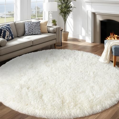 6ft Fluffy Cream White Round Rug for Bedroom Living Room, Washable Non-Slip | Soft Shag White Circle Rug for Kids Room Dorm Living Room Home Decor, Thick Memory Sponge, Flame Resistant - color: Cream White, size: 6' (Round)