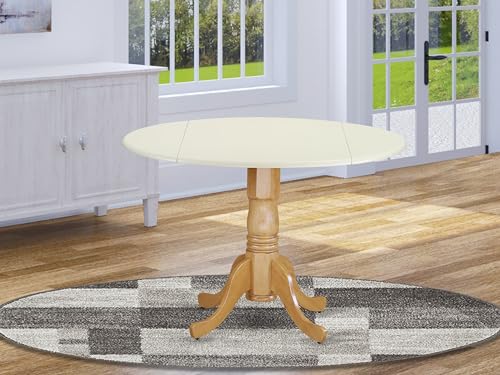 East West Furniture DLT-LOK-TP Dublin Kitchen Table - a Round Dining Table Top with Dropleaf & Pedestal Base, 42x42 Inch, Linen White & Oak - color: Dlt-lok-tp