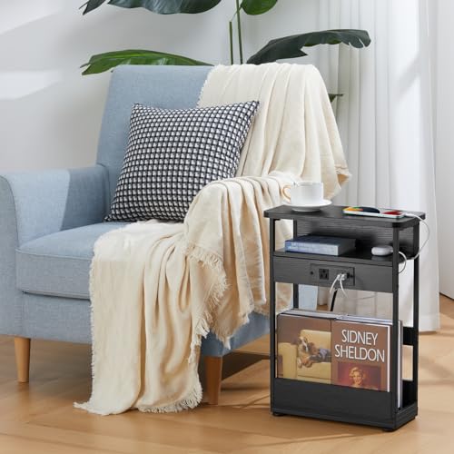 YEAKOO Narrow Side Table with Charging Station, 3-Tier End Table with 2 USB Ports & Power Outlets,Thin Sofa Side Table for Narrow and Small Spaces, Bedside Table Nightstand for Living Room,Black - color: Black
