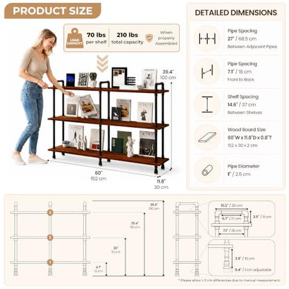 Industrial Bookshelf, Pipe Shelf Bookcase, 3 Tier, 60" Walnut | Solid pine shelves, 60 inch wide, black pipe frame, 70 lbs per shelf, open bookcase for books, plants, office - color: Walnut Brown, size: 60"L × 39"H