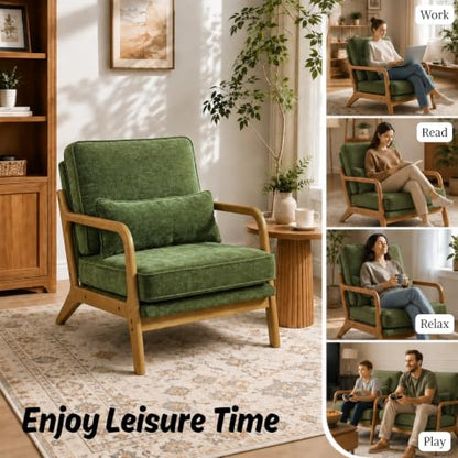 Karl home Mid-Century Modern Accent Reading Chair, Olive Green | Chenille Upholstered, Solid Wood Frame, Soft Cushion, Lumbar Pillow, Lounge Armchair for Living Room, Bedroom, Balcony, Study - color: Chenille Olive Green