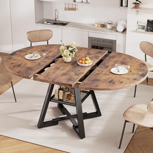Extendable Dining Table for 4-8, Round Extendable Dining Room Table with Removable Leaf & Storage Shelf, Expandable Oval Kitchen Table with Pedestal Base, Modern Industrial Space Saving (Vintage) - color: Vintage