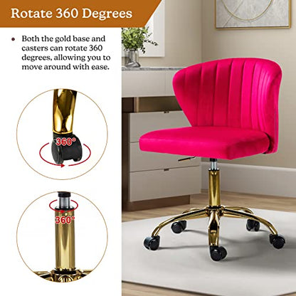 TINA'S HOME Office Desk Chairs with Wheels & Gold Base, Modern Velvet Cute Armless Office Chair, Adjustable Low Back Swivel Rolling Chair, Upholstered Task Chair for Living Room Vanity Study-Fushia | Modern Velvet Cute Armless Office Chair, Adjustable Low