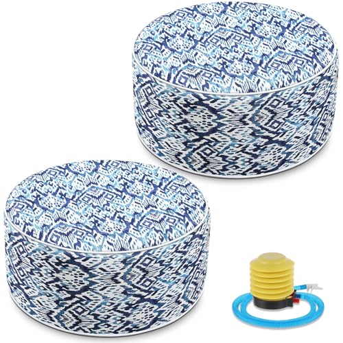 Cinnvoice 2 Pcs Inflatable Outdoor Ottoman Pouf Waterproof Round Footrest with Handle D21 x H9 Inch Indoor Outdoor Portable Footstool for Patio Garden Camping or Home Pool(Diamond Stripes) - style: Diamond Stripes