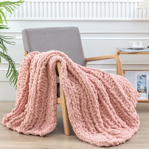 WESHIONGOO Chunky Knit Blanket Throw for Couch Bed 40"×60" Pink | 100% Handmade Knitted Throw blanket Fluffy Soft Blanket With Jumbo Chenille Yarn Thick - color: Pink, size: 40"x60"(Medium Size Throw)