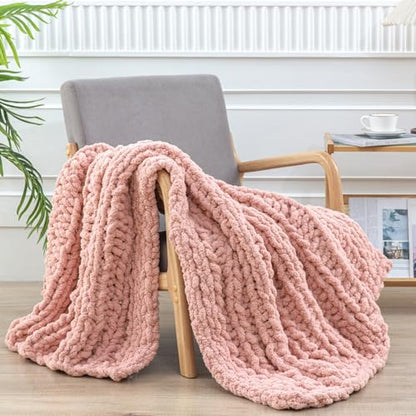 WESHIONGOO Chunky Knit Blanket Throw for Couch Bed 40"×60" Pink | 100% Handmade Knitted Throw blanket Fluffy Soft Blanket With Jumbo Chenille Yarn Thick - color: Pink, size: 40"x60"(Medium Size Throw)