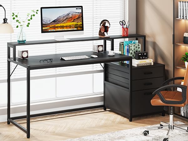 Tribesigns 63 Inch Computer Desk with File Drawer Cabinet, Home Office Desk | Ergonomic Office Desk with Monitor Stand, Industrial Computer Table with Printer Space, PC Table Workstation Desk, Black - color: Black