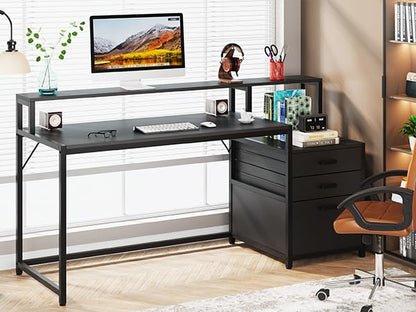 Tribesigns 63 Inch Computer Desk with File Drawer Cabinet, Home Office Desk | Ergonomic Office Desk with Monitor Stand, Industrial Computer Table with Printer Space, PC Table Workstation Desk, Black - color: Black