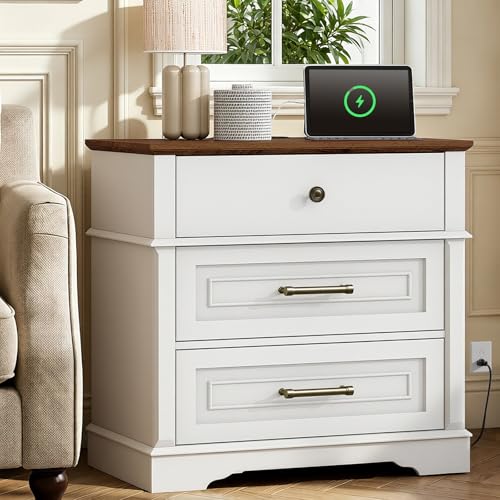 29.5" Tall Nightstand with Charging Station, 3 Drawer Farmhouse Night Stand, 27.6" Wide End Table with Storage, Large Bedside Table for Bedroom Living Room, White and Walnut - color: White and Walnut
