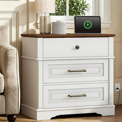 29.5" Tall Nightstand with Charging Station, 3 Drawer Farmhouse Night Stand, 27.6" Wide End Table with Storage, Large Bedside Table for Bedroom Living Room, White and Walnut - color: White and Walnut