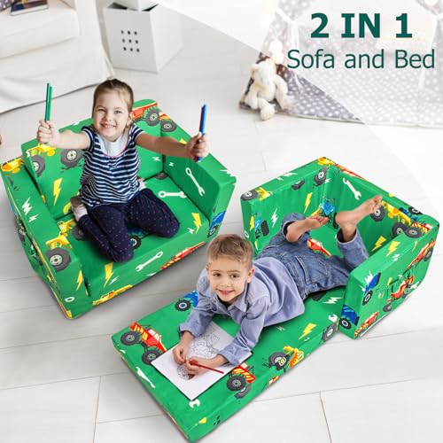 Kids Couch, 2-in-1 Kids Fold Out Couch | Convertible Sofa to Lounger for Girls and Boys, Soft Toddler Chairs Comfy 1-3 Years Old, Green Monster Truck - color: Green Monster Trunk